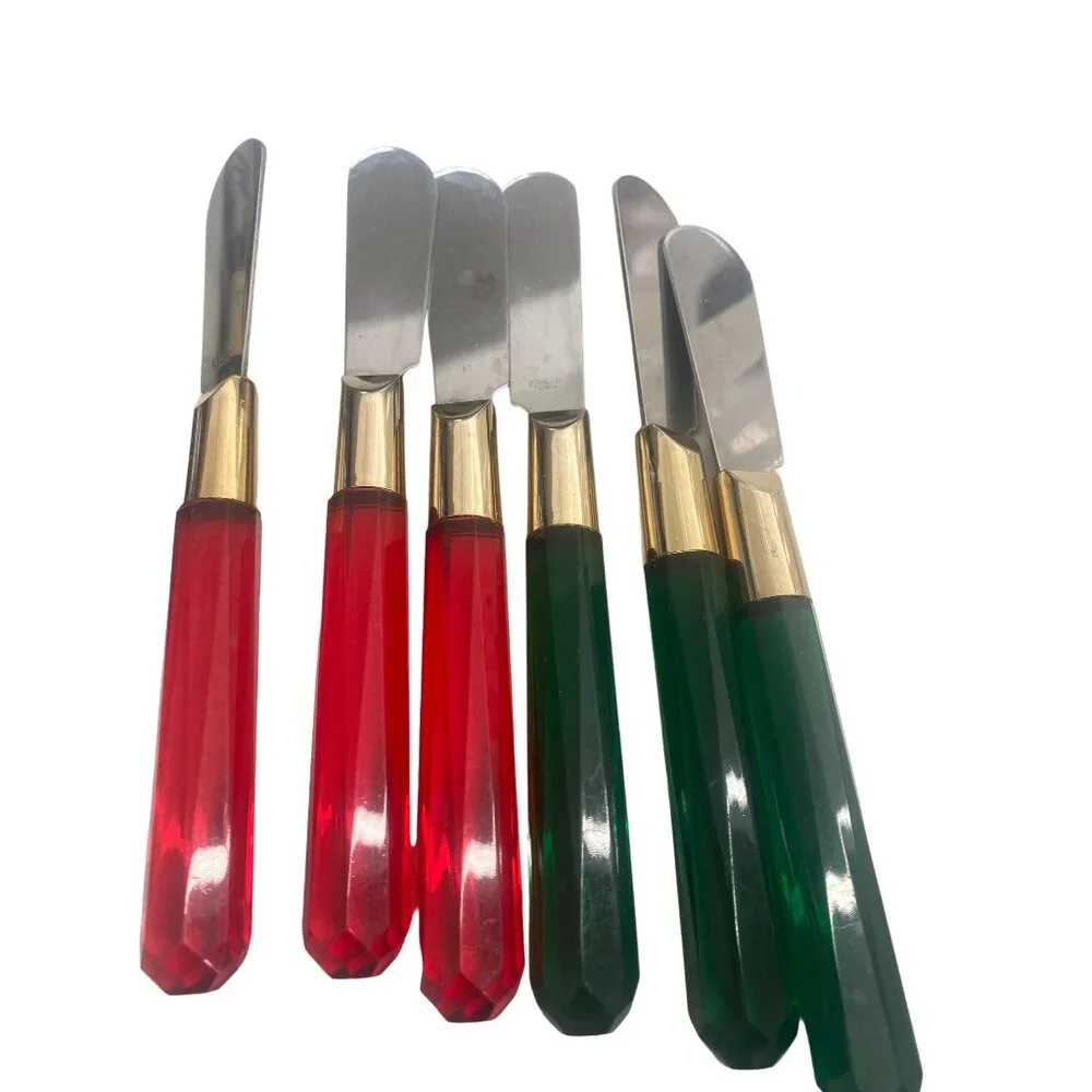 Vintage Red & Green Lucite Handle Appetizer Fork & Knife Set 6 Each